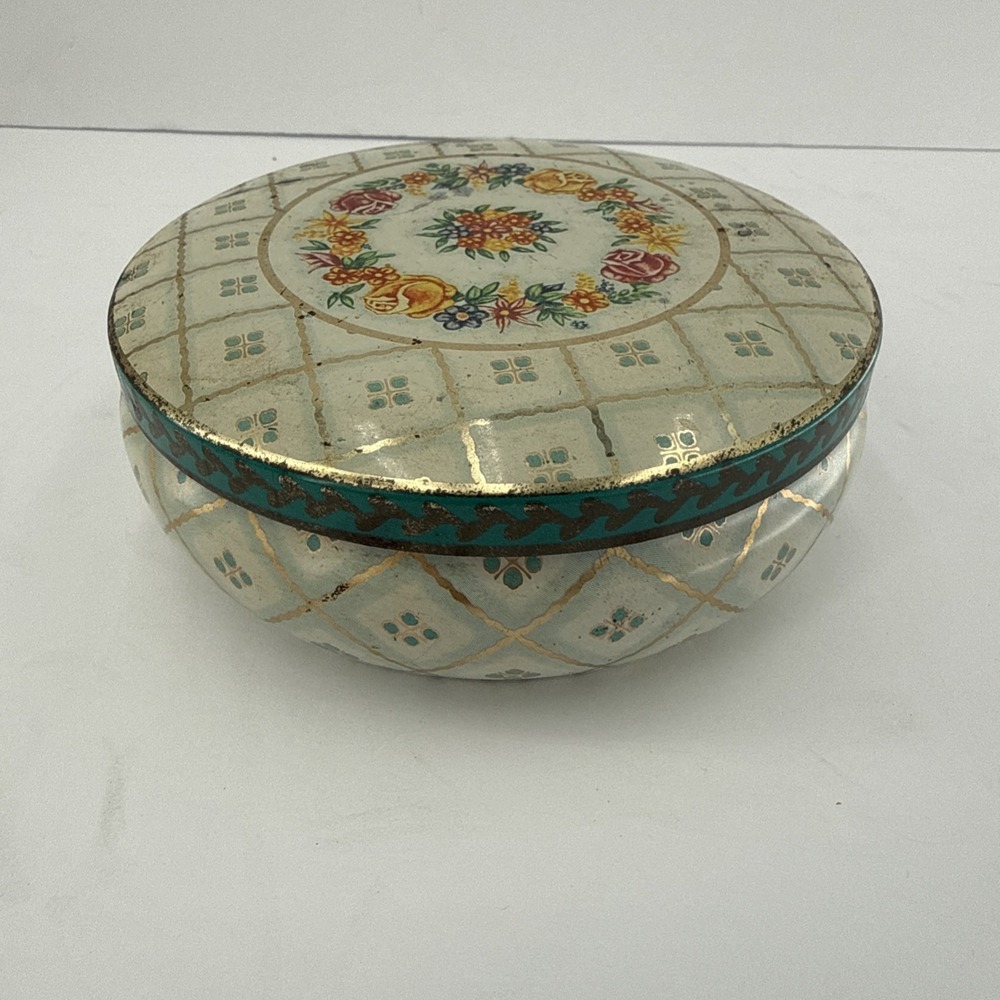 VTG Daher Decorated Ware Lidded Round Tin Box Made in England Gold Green Cream
